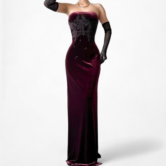 Dresses & Skirts - Vintage Burgundy Red Beaded Velvet Knit Maxi Bodycon Strapless Prom Dress Size S